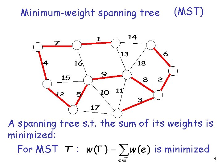 Minimum-weight spanning tree (MST) A spanning tree s. t. the sum of its weights