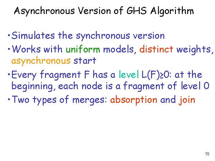 Asynchronous Version of GHS Algorithm • Simulates the synchronous version • Works with uniform