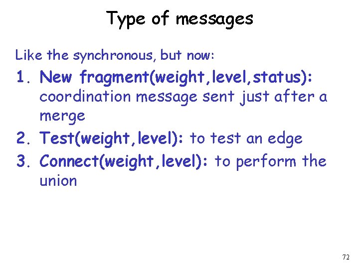 Type of messages Like the synchronous, but now: 1. New fragment(weight, level, status): coordination