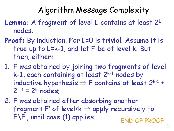 Algorithm Message Complexity Lemma: A fragment of level L contains at least 2 L