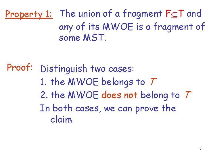 Property 1: The union of a fragment F T and any of its MWOE