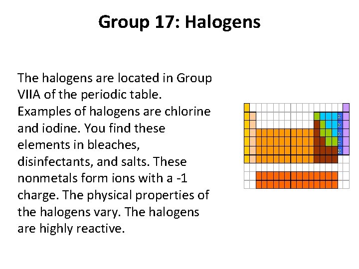 Group 17: Halogens The halogens are located in Group VIIA of the periodic table.
