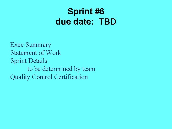 Sprint #6 due date: TBD Exec Summary Statement of Work Sprint Details to be