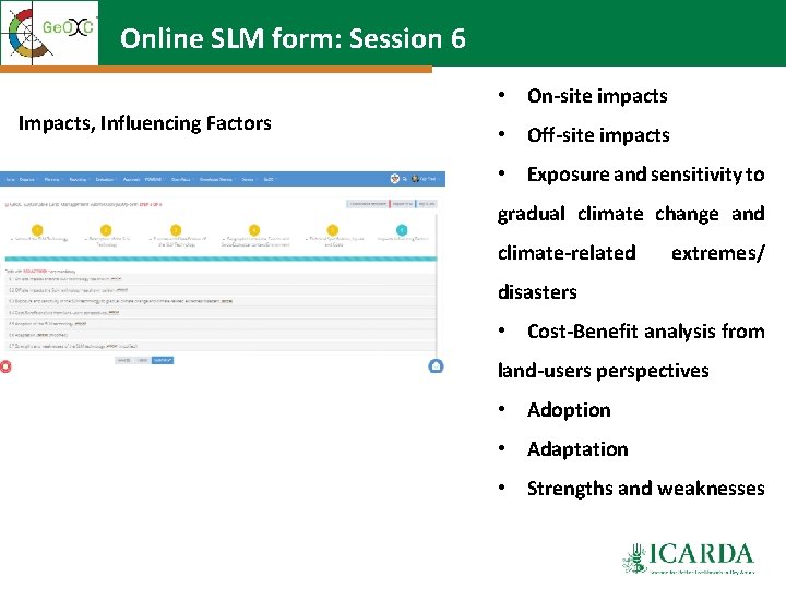 Online SLM form: Session 6 • On-site impacts Impacts, Influencing Factors • Off-site impacts