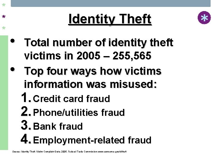 * * * Identity Theft • • Total number of identity theft victims in