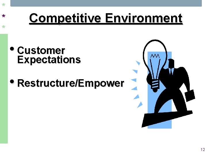 * * * Competitive Environment • Customer Expectations • Restructure/Empower 12 