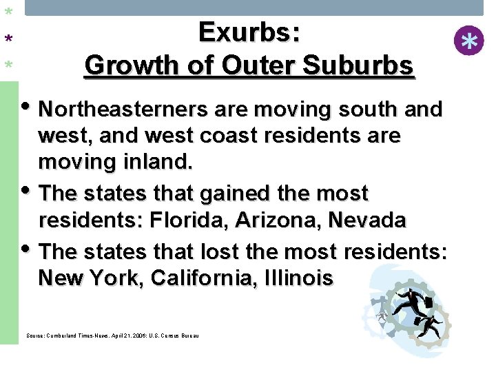 * * * Exurbs: Growth of Outer Suburbs • Northeasterners are moving south and