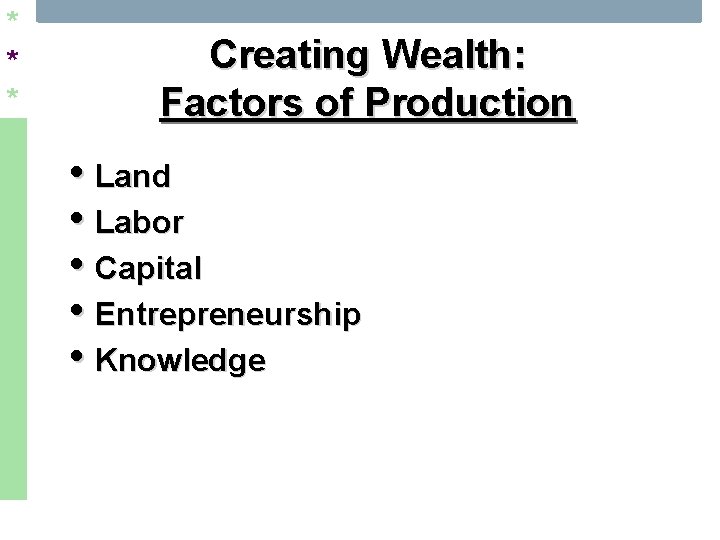 * * * Creating Wealth: Factors of Production • Land • Labor • Capital