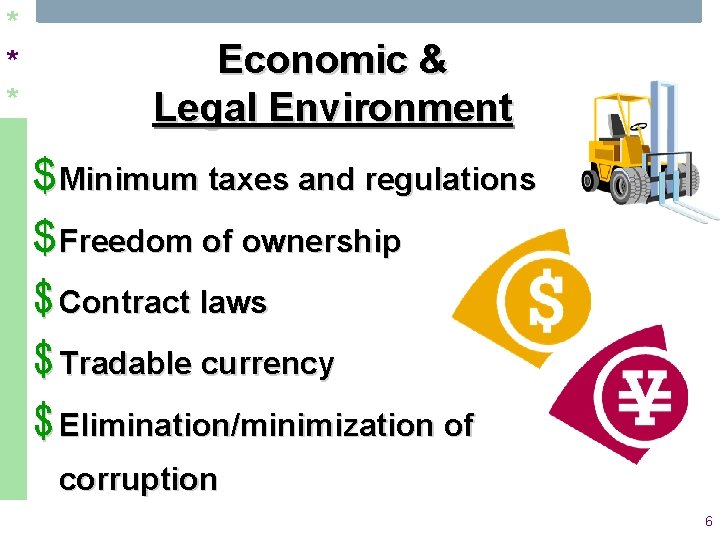 * * * Economic & Legal Environment $ Minimum taxes and regulations $ Freedom