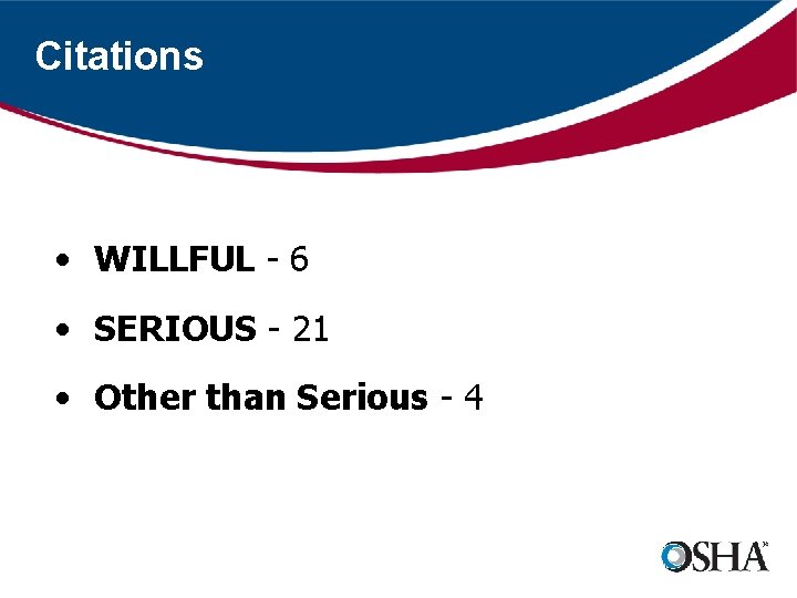 Citations • WILLFUL - 6 • SERIOUS - 21 • Other than Serious -