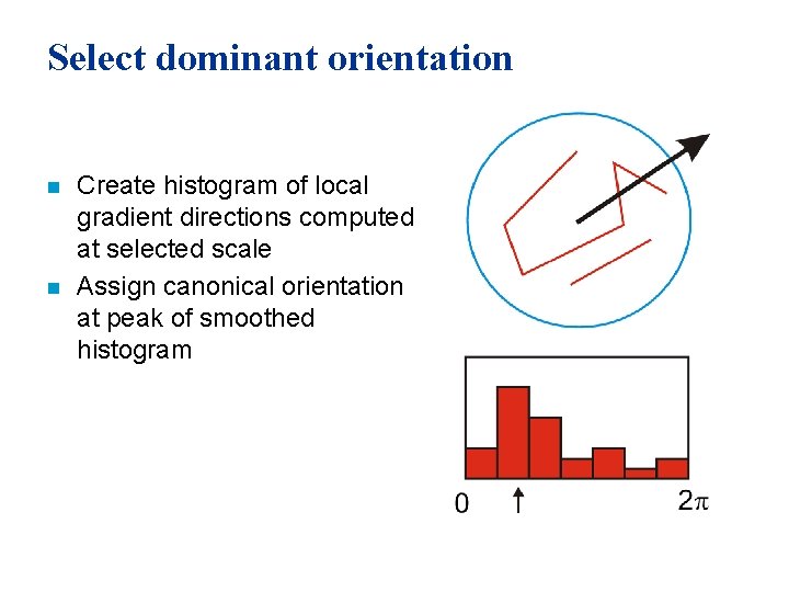 Select dominant orientation n n Create histogram of local gradient directions computed at selected
