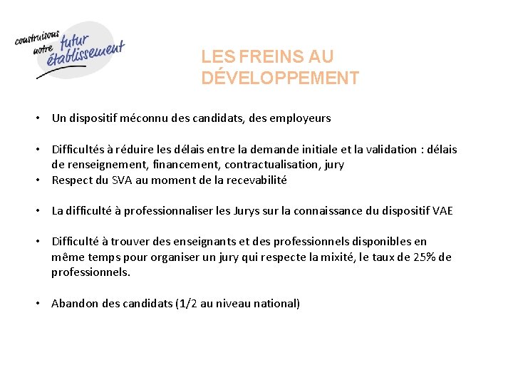 LES FREINS AU DÉVELOPPEMENT • Un dispositif méconnu des candidats, des employeurs • Difficultés