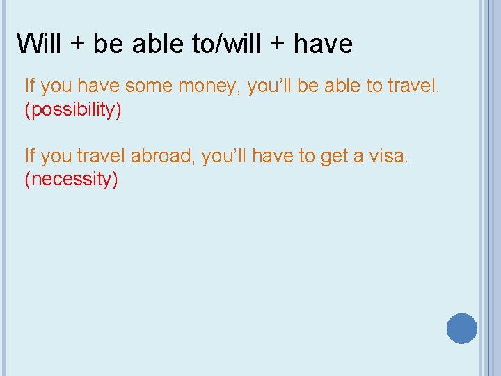 Will + be able to/will + have If you have some money, you’ll be