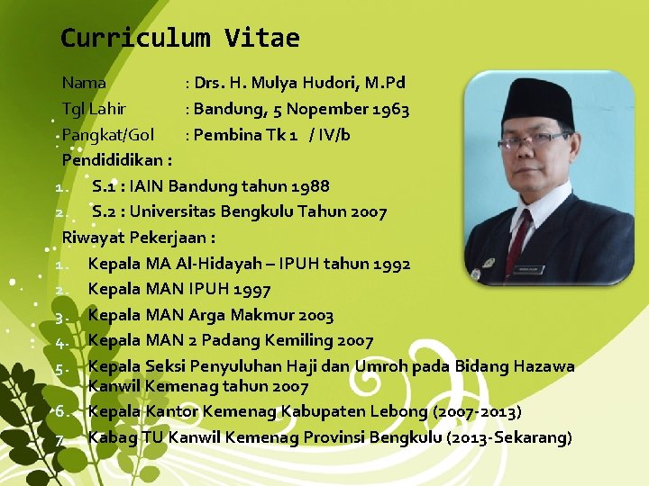 Curriculum Vitae Nama : Drs. H. Mulya Hudori, M. Pd Tgl Lahir : Bandung,