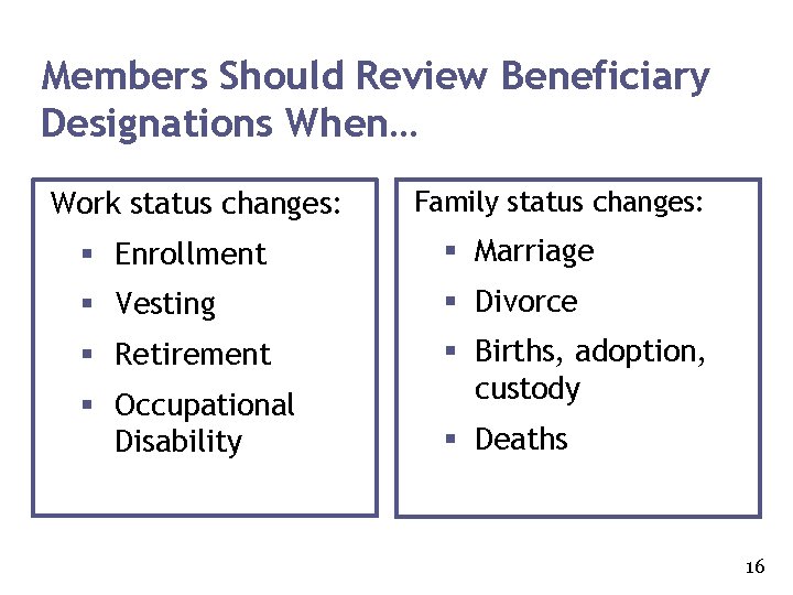 Members Should Review Beneficiary Designations When… Work status changes: Family status changes: § Enrollment