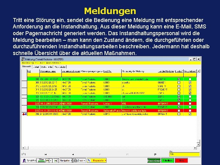 Meldungen Tritt eine Störung ein, sendet die Bedienung eine Meldung mit entsprechender Anforderung an