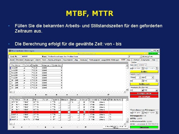 MTBF, MTTR • Füllen Sie die bekannten Arbeits- und Stillstandszeiten für den geforderten Zeitraum