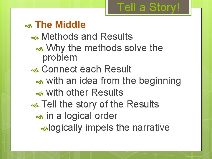 Tell a Story! The Middle Methods and Results Why the methods solve the problem