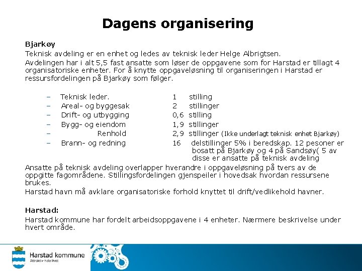 Dagens organisering Bjarkøy Teknisk avdeling er en enhet og ledes av teknisk leder Helge