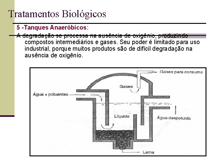 Tratamentos Biológicos 5 -Tanques Anaeróbicos: A degradação se processa na ausência de oxigênio, produzindo
