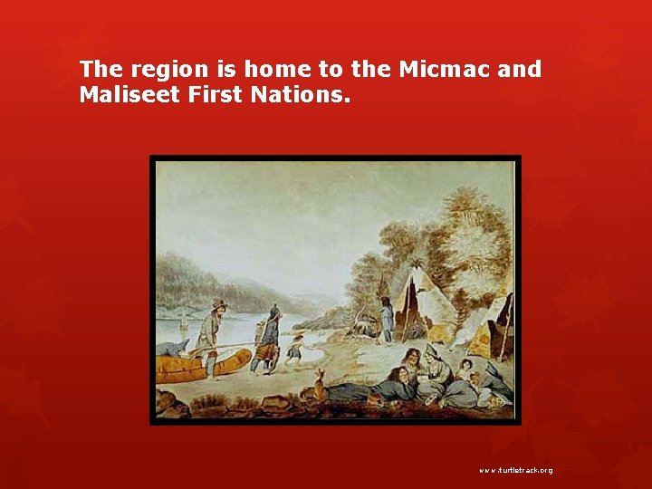 The region is home to the Micmac and Maliseet First Nations. www. turtletrack. org