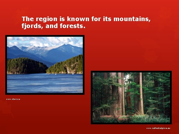 The region is known for its mountains, fjords, and forests. www. cbwc. ca www.