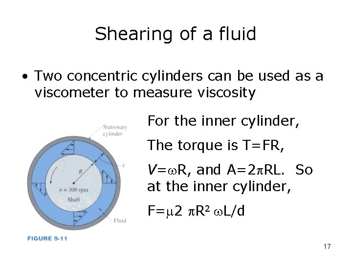 Shearing of a fluid • Two concentric cylinders can be used as a viscometer