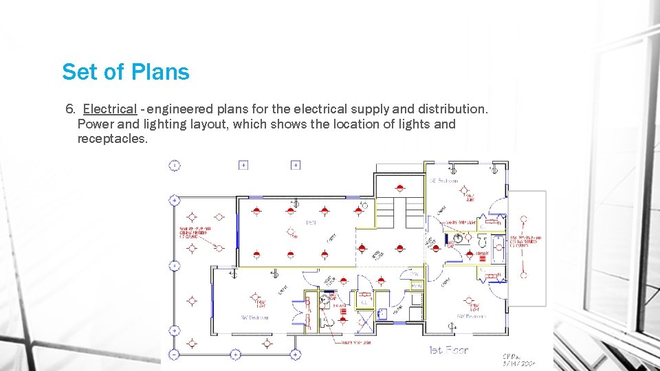 Set of Plans 6. Electrical - engineered plans for the electrical supply and distribution.