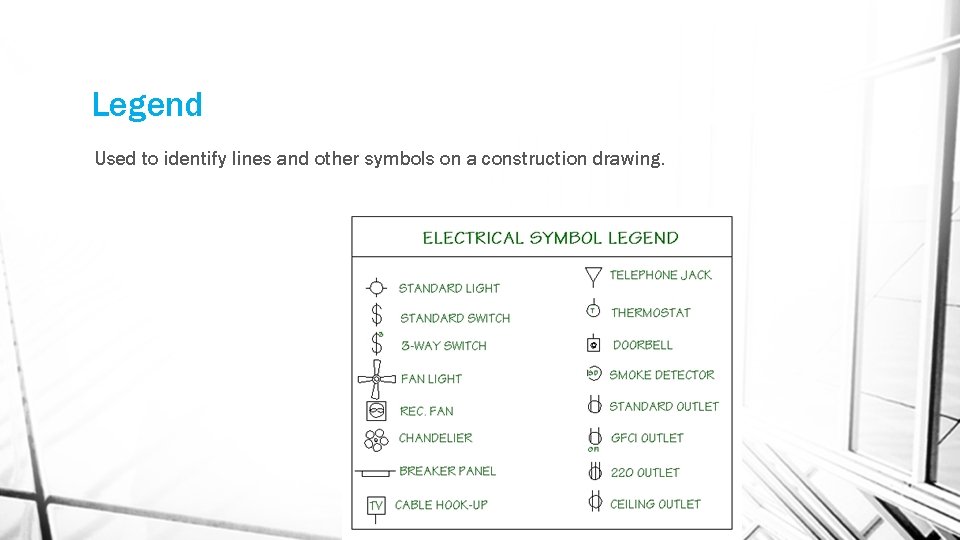 Legend Used to identify lines and other symbols on a construction drawing. 