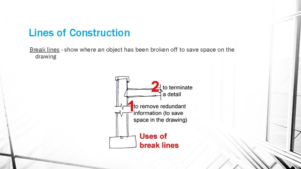 Lines of Construction Break lines - show where an object has been broken off Lines of Construction Break lines - show where an object has been broken off