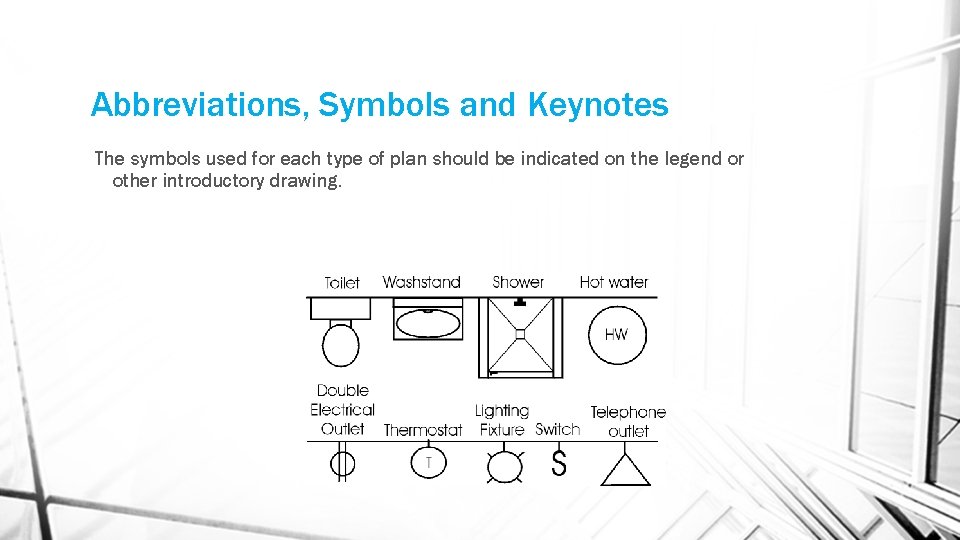 Abbreviations, Symbols and Keynotes The symbols used for each type of plan should be