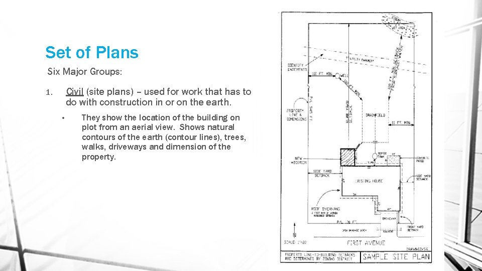 Set of Plans Six Major Groups: Civil (site plans) – used for work that