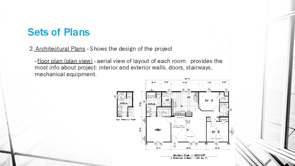 Sets of Plans 2. Architectural Plans - Shows the design of the project - Sets of Plans 2. Architectural Plans - Shows the design of the project -