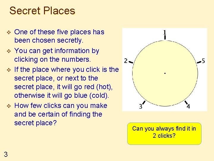 Secret Places v v 3 One of these five places has been chosen secretly.