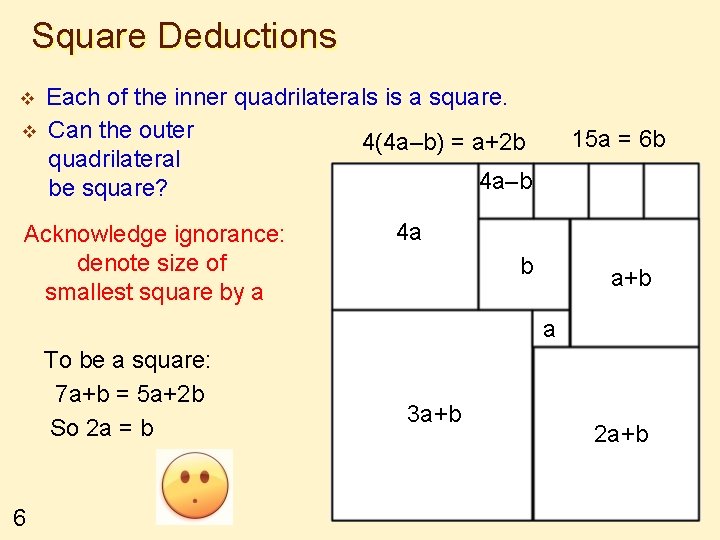 Square Deductions v v Each of the inner quadrilaterals is a square. Can the