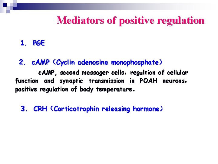 Mediators of positive regulation 1. PGE 2. c. AMP（Cyclin adenosine monophosphate） c. AMP, second