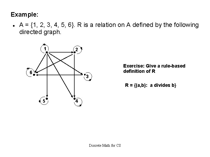 Example: A = {1, 2, 3, 4, 5, 6}. R is a relation on