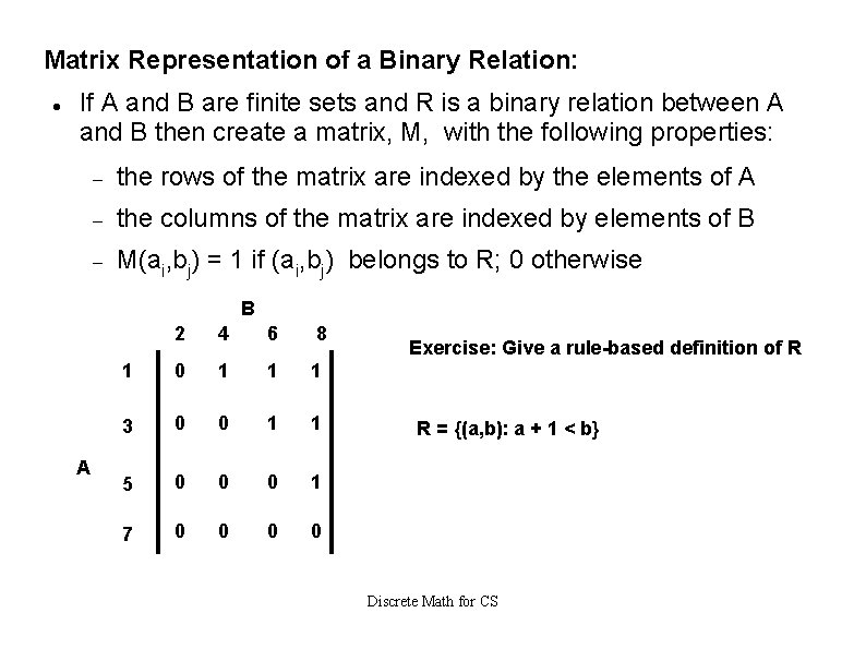 Matrix Representation of a Binary Relation: If A and B are finite sets and