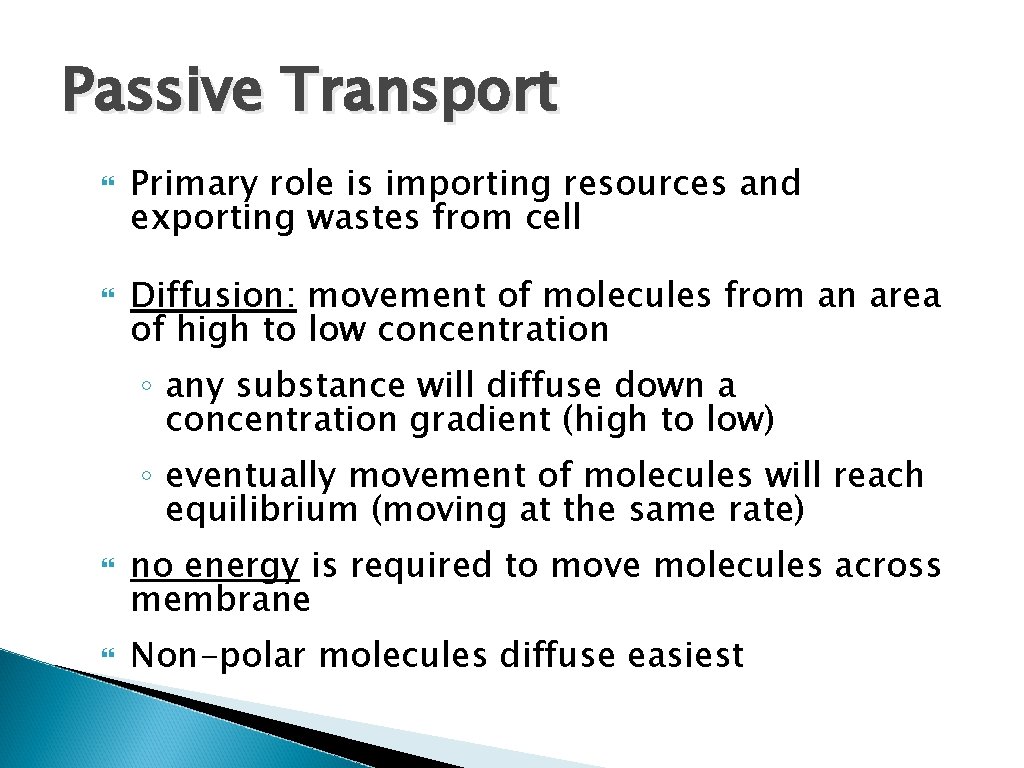 Passive Transport Primary role is importing resources and exporting wastes from cell Diffusion: movement