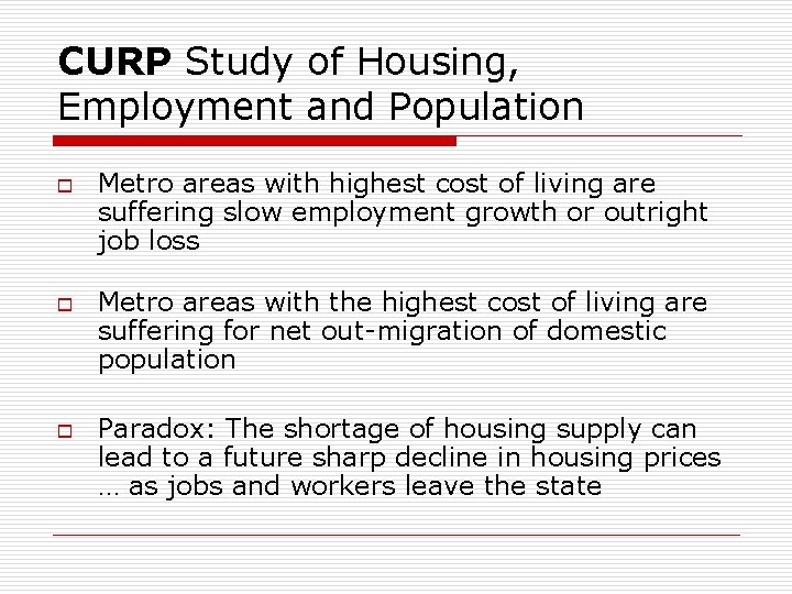 CURP Study of Housing, Employment and Population o o o Metro areas with highest