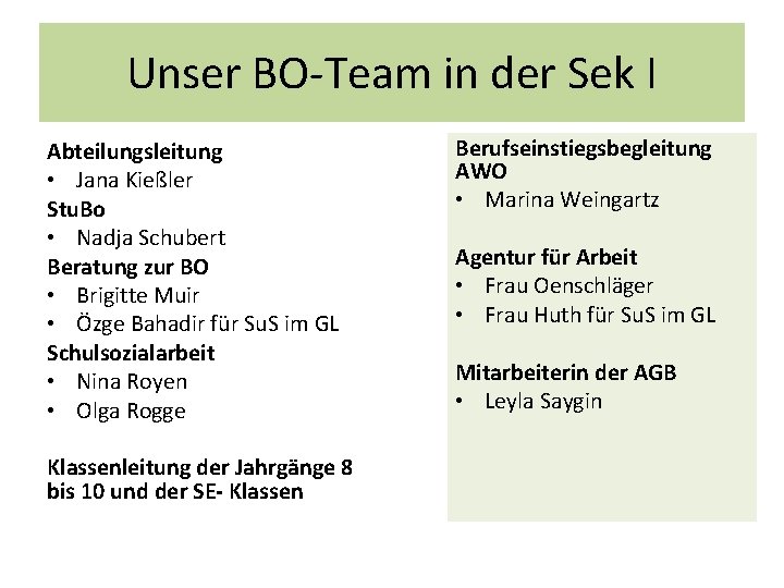 Unser BO-Team in der Sek I Abteilungsleitung • Jana Kießler Stu. Bo • Nadja