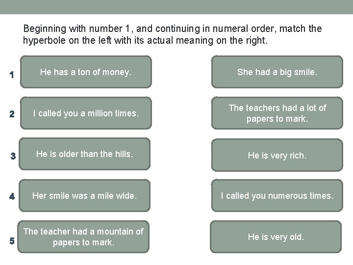 Beginning with number 1, and continuing in numeral order, match the hyperbole on the