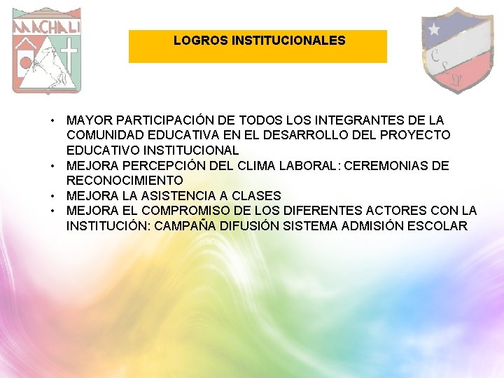 LOGROS INSTITUCIONALES • MAYOR PARTICIPACIÓN DE TODOS LOS INTEGRANTES DE LA COMUNIDAD EDUCATIVA EN