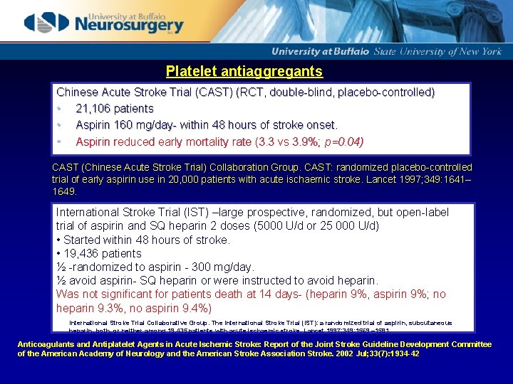 Platelet antiaggregants Chinese Acute Stroke Trial (CAST) (RCT, double-blind, placebo-controlled) • 21, 106 patients