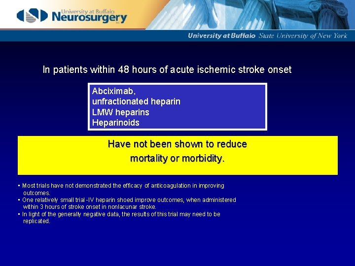In patients within 48 hours of acute ischemic stroke onset Abciximab, unfractionated heparin LMW