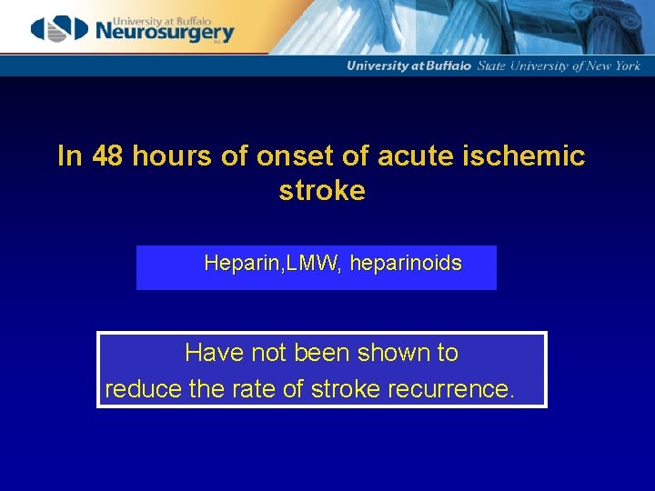 In 48 hours of onset of acute ischemic stroke Heparin, LMW, heparinoids Have not