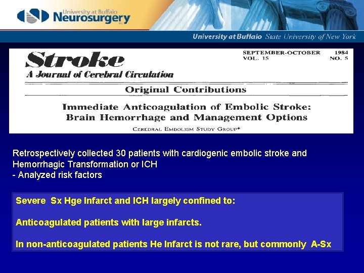 Retrospectively collected 30 patients with cardiogenic embolic stroke and Hemorrhagic Transformation or ICH -