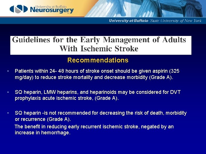 Recommendations • Patients within 24 - 48 hours of stroke onset should be given
