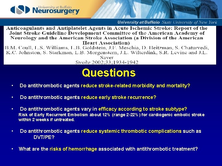 Questions • Do antithrombotic agents reduce stroke-related morbidity and mortality? • Do antithrombotic agents