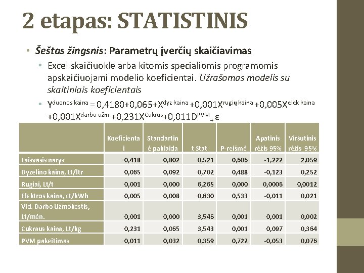 2 etapas: STATISTINIS • Šeštas žingsnis: Parametrų įverčių skaičiavimas • Excel skaičiuokle arba kitomis